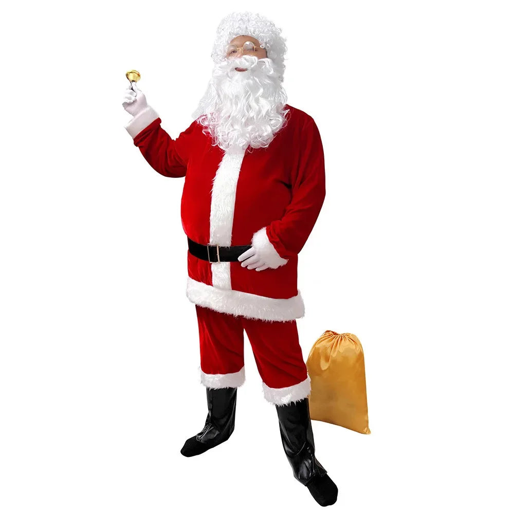 Julemand i klassisk rød dragt med hvidt skæg og sort bælte, holder en klokke. Guld sæk ved siden. Perfekt til juledekoration og festligheder.