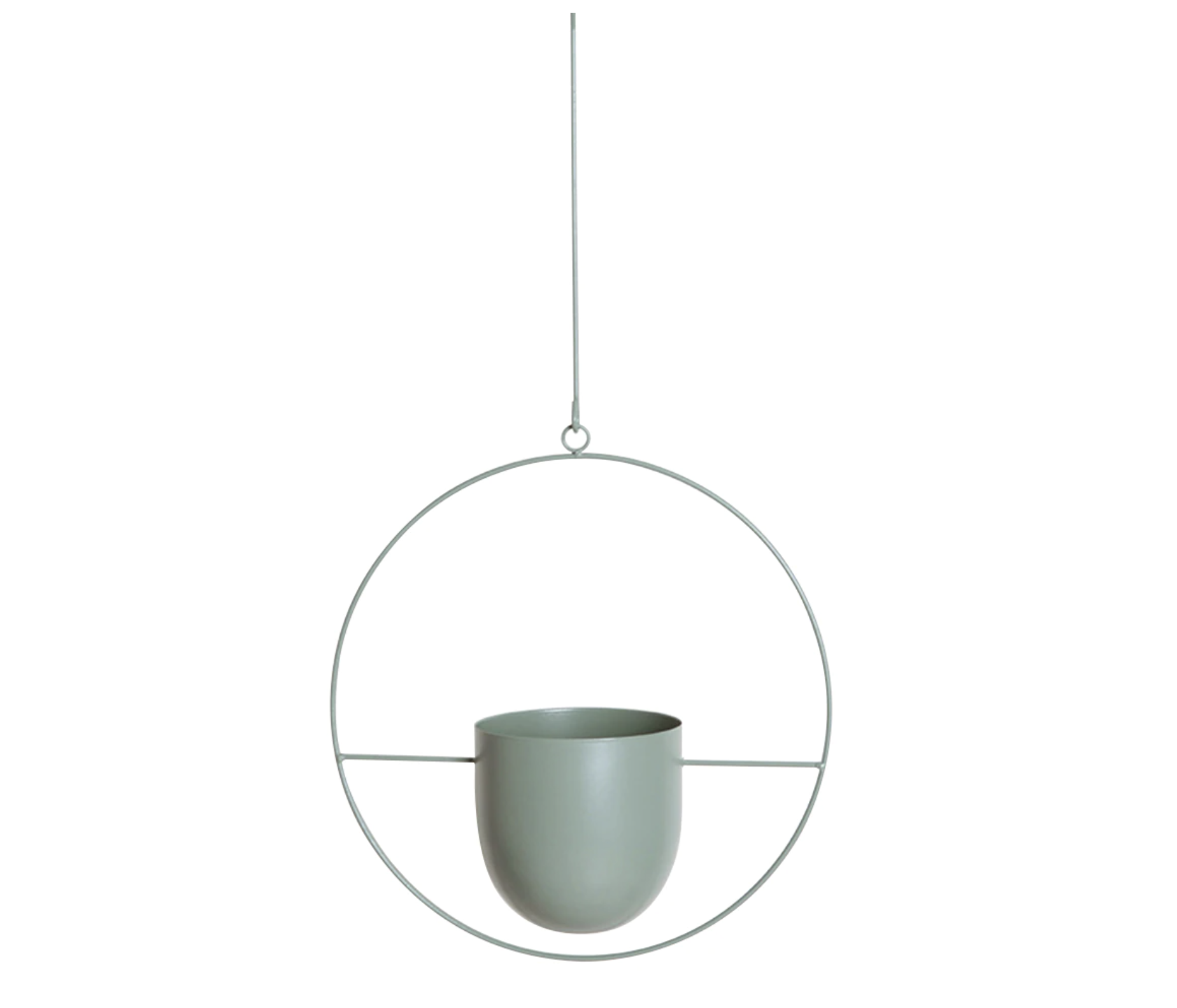 Hængende grå metalplanteholder i minimalistisk design med cirkulær ramme. Moderne indretning, stilfuld planteophæng til hjemmet.