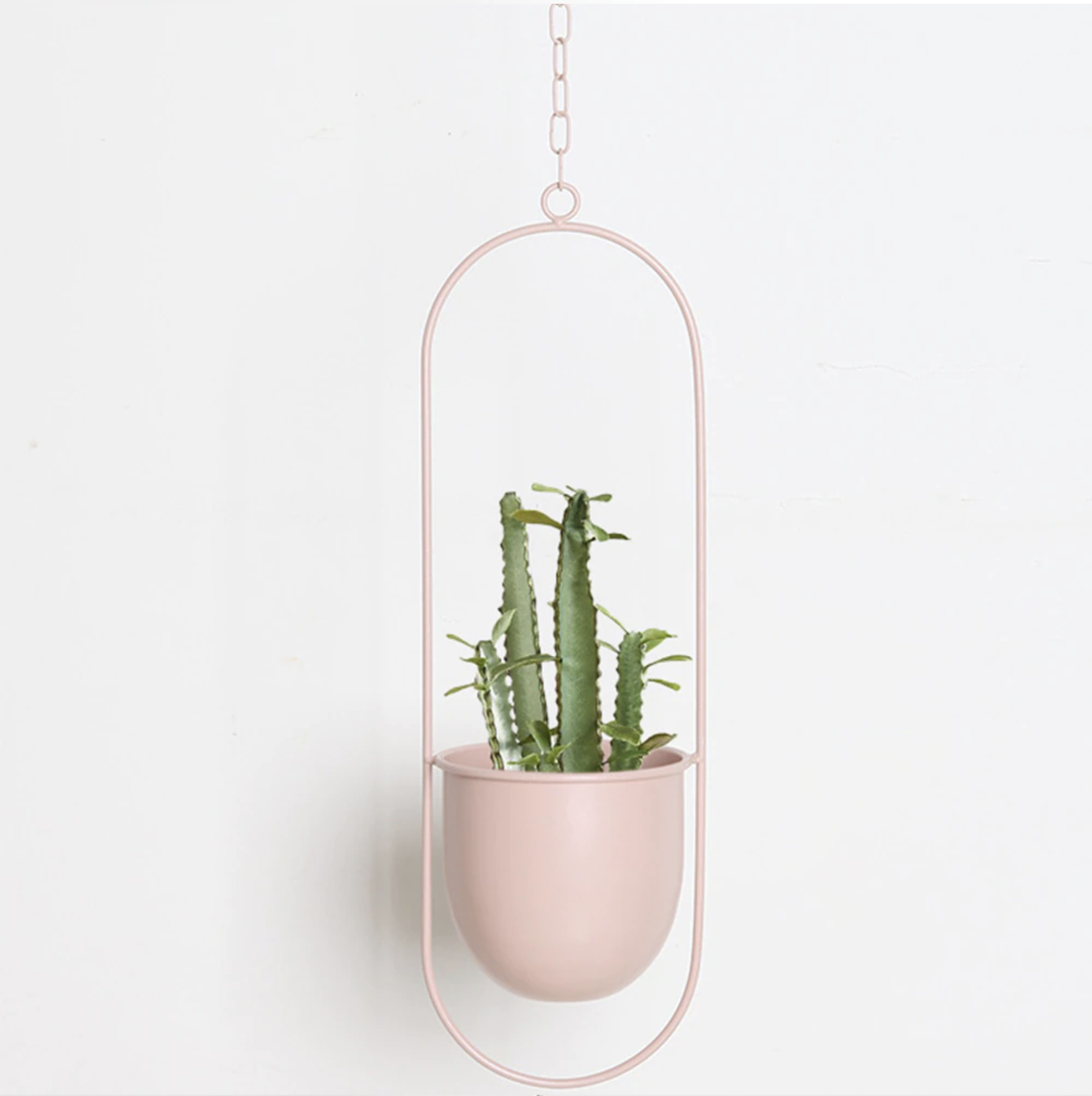 Hængende lyserød planteholder med kaktus, minimalistisk design, indendørs dekoration, moderne boligindretning, stilfuld planteophæng.