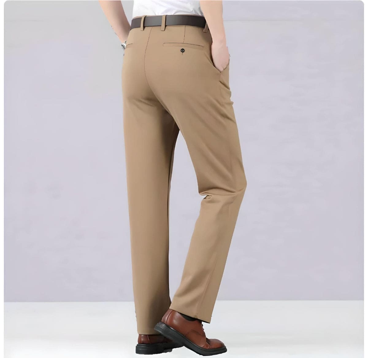 Beige herrebukser set bagfra, klassisk design, lommer, brun bælte, brune sko, stilfuldt og moderne look, perfekt til kontor eller formelle lejligheder.