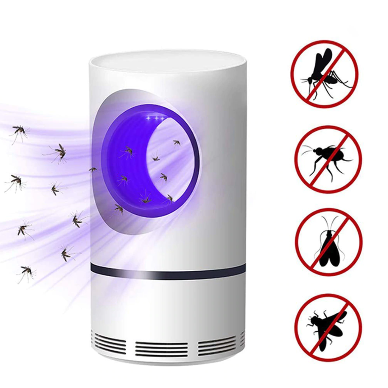 Hvid elektrisk myggefanger med UV-lys, der tiltrækker og fanger insekter. Effektiv skadedyrsbekæmpelse. Ikoner viser beskyttelse mod myg, fluer og insekter.