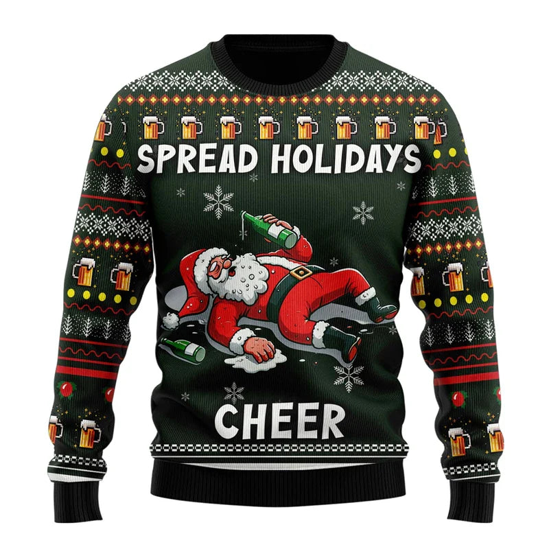 Julesweater med fuld Santa Claus, ølflasker, snefnug og teksten "Spread Holidays Cheer". Perfekt til julefrokost og festligheder.