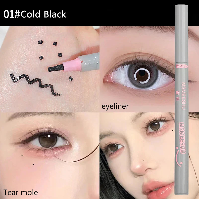 MSMEESHU eyeliner i kold sort farve, præcise linjer, tåremole makeup, nærbillede af øjne og ansigt, perfekt til dramatisk øjenlook.