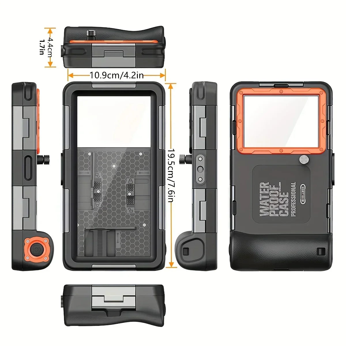 Vandtæt etui til smartphone, sort og orange, med præcise dimensioner: 19,5 cm x 10,9 cm. Ideel til udendørs brug, beskytter mod vand og stød.