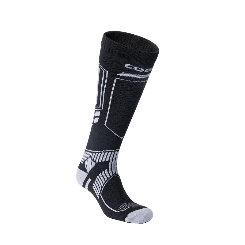 Sort knæhøj sportssok med grå og hvide geometriske mønstre, ideel til løb og træning. Komfortabel og åndbar. Unisex design.