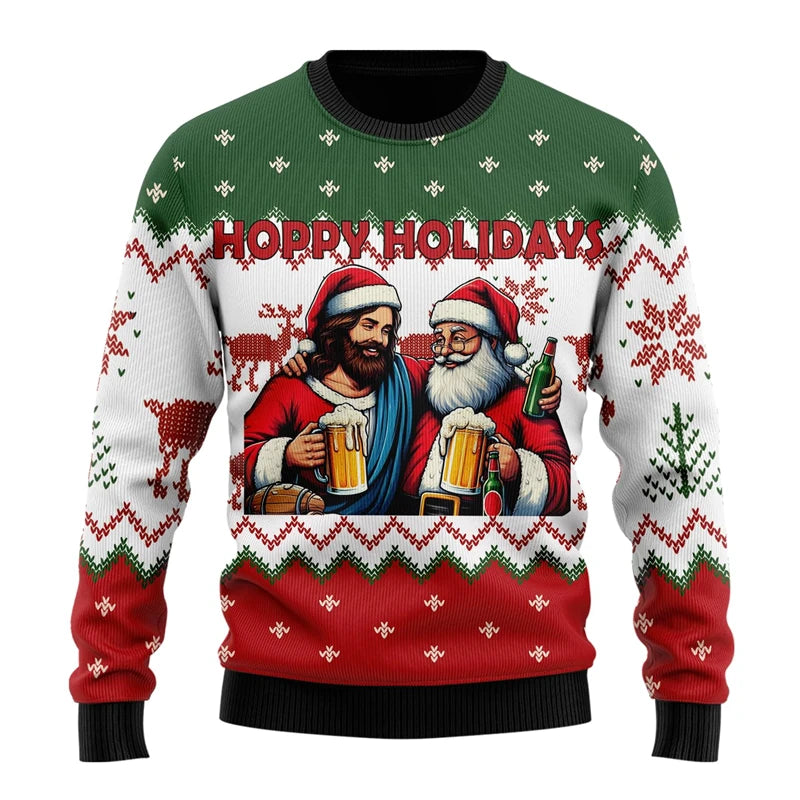 Julesweater med julemanden og Jesus, der skåler med øl, tekst "Hoppy Holidays", rød, grøn og hvid med snefnug og rensdyrmønster.