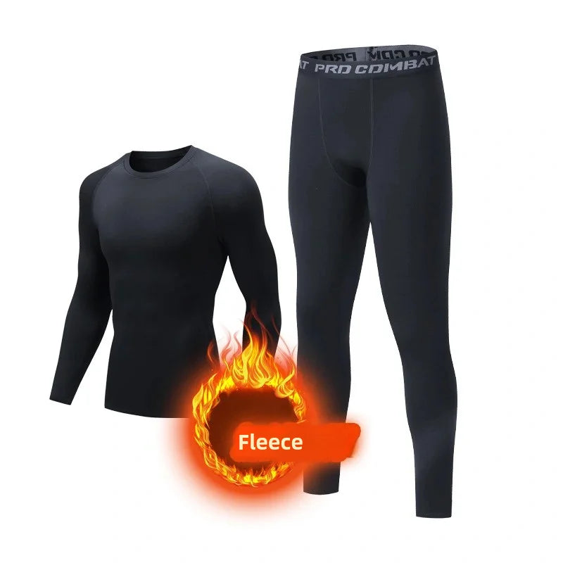 Sort termoundertøjssæt til mænd med fleecefor, langærmet trøje og leggings, ideelt til vintertræning og udendørsaktiviteter.