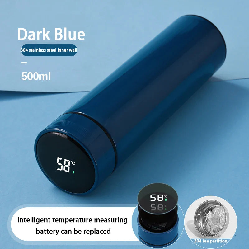 Mørkeblå termoflaske 500ml med digital temperaturmåler, 304 rustfrit stål indvendigt, udskifteligt batteri, tefilter inkluderet.