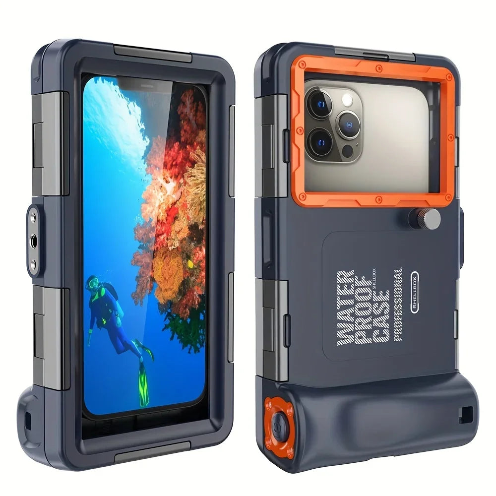 Vandtæt smartphone-etui til iPhone 12 Pro Max, robust design, dykkerbeskyttelse, orange og grå farver, ideel til undervandsfotografering.