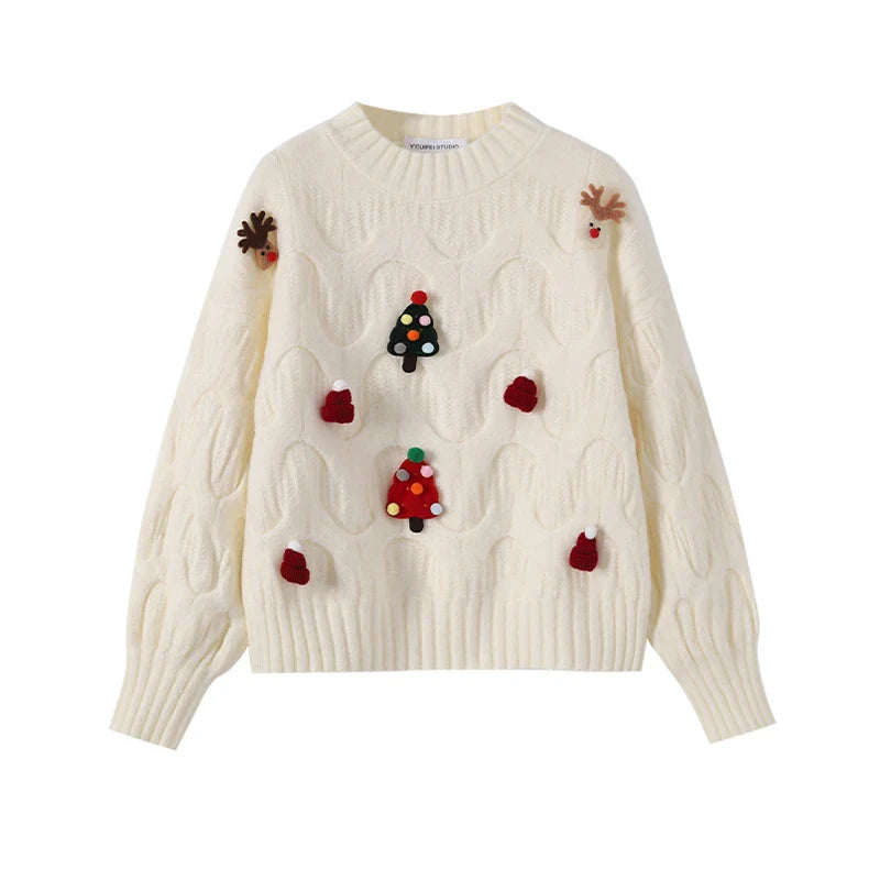 Hvid julesweater med 3D juletræer og rensdyrdekorationer, strikket design, langærmet, perfekt til vintermode og julefester.