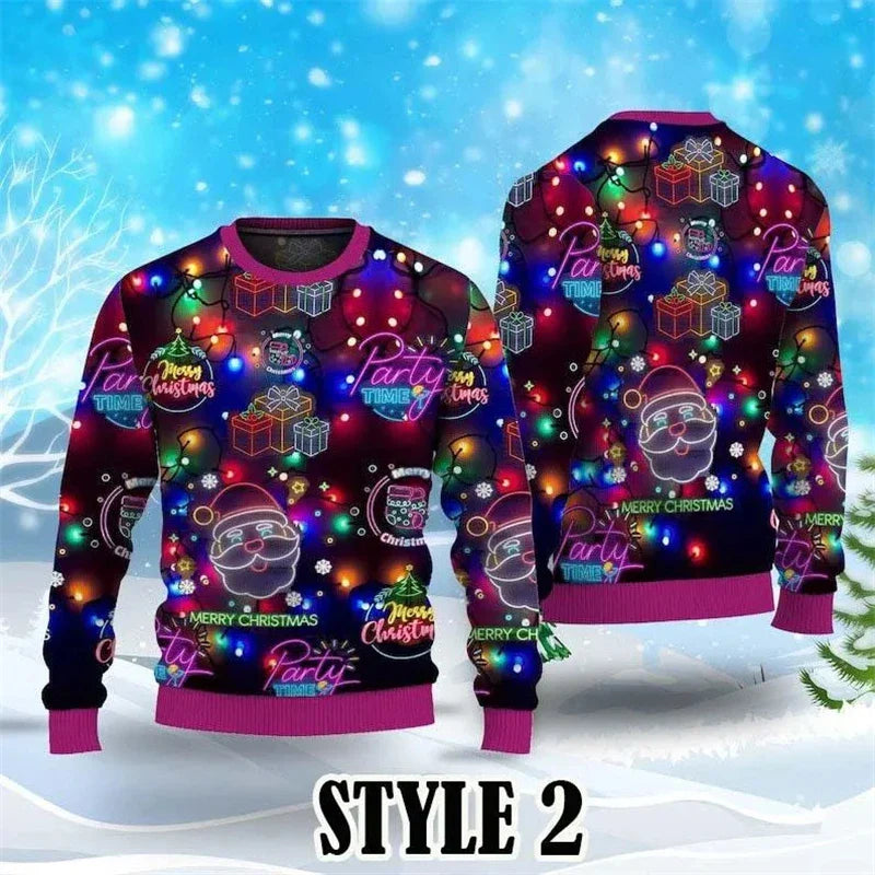 Farverig juletrøje med julemand, gaver og lys, perfekt til festligheder. Designet har teksten "Merry Christmas" og "Party Time".