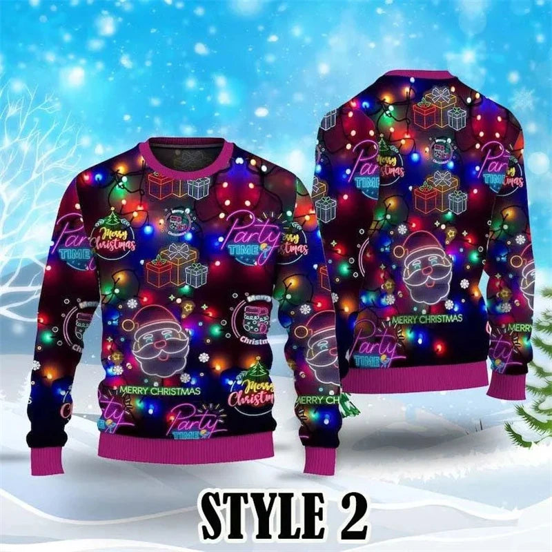 Farverig juletrøje med julemand, gaver og lys, perfekt til festligheder. Designet har teksten "Merry Christmas" og "Party Time".