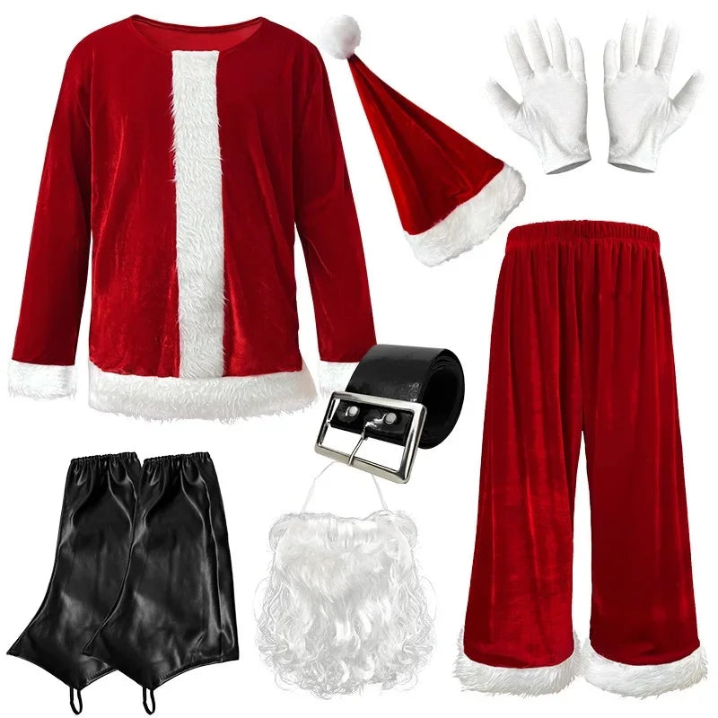 Julemandskostume til voksne med rød jakke, bukser, hue, hvidt skæg, bælte og handsker. Perfekt til julefester og events.