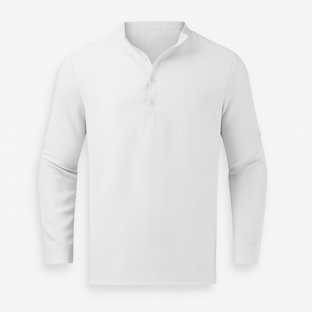 Hvid langærmet henley trøje til mænd, knaplukning, blødt bomuldsmateriale, stilfuldt og komfortabelt design, perfekt til casual og smart casual outfits.
