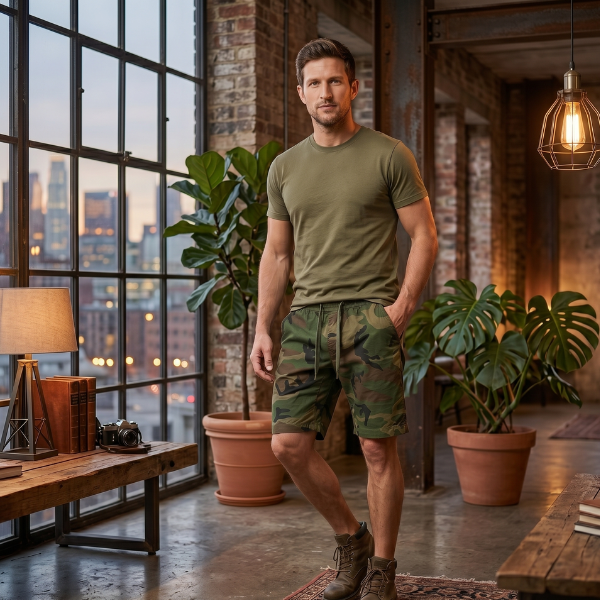 Pantaloni scurți cargo camuflaj pentru bărbați – pantaloni scurți utilitari până la genunchi cu talie reglabilă