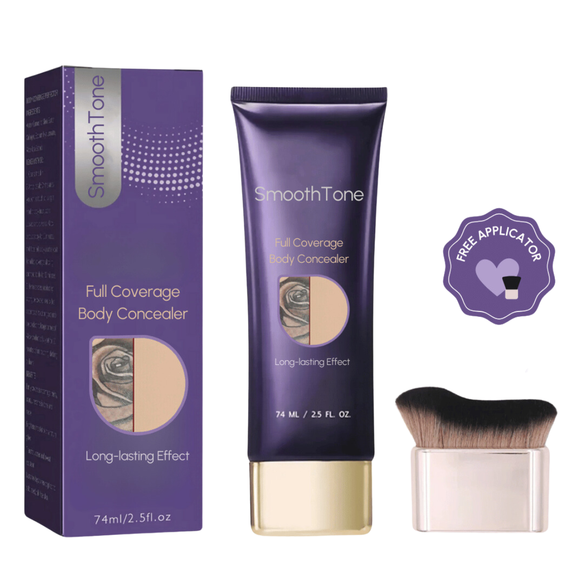 SmoothTone kropsconcealer, 74 ml, med langvarig effekt. Inkluderer gratis applikator. Fulddækkende formel i elegant lilla emballage.