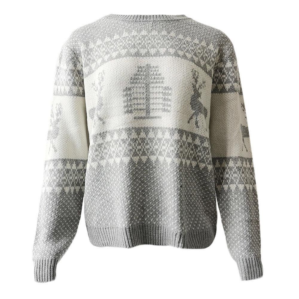 Grå og hvid striktrøje med rensdyr- og juletræsmønster, vintermode, varm uldtrøje til jul, hyggelig og stilfuld beklædning.