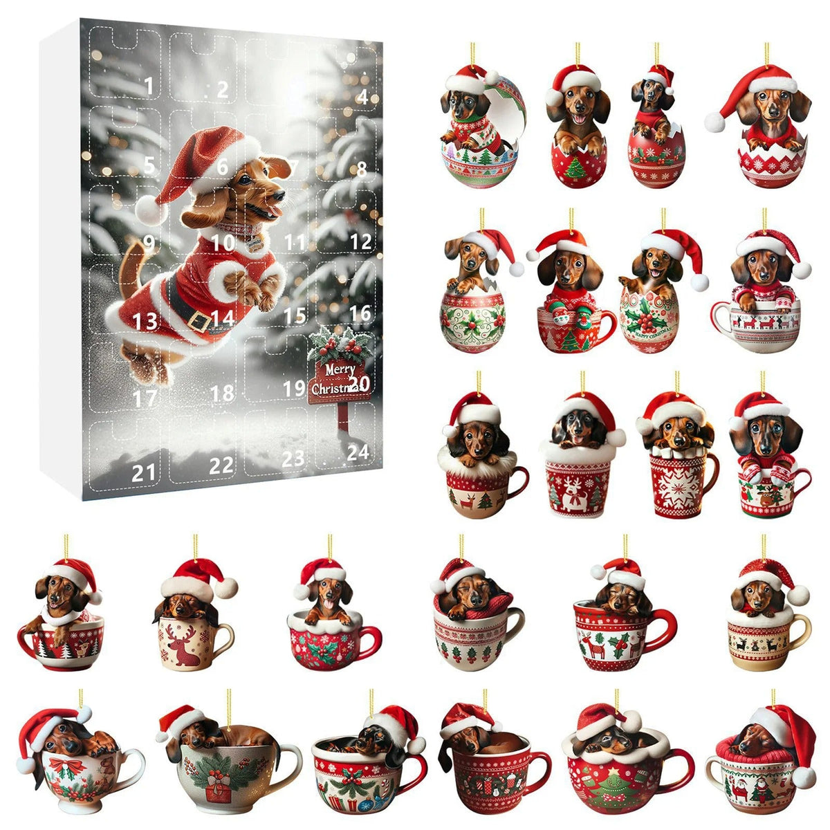 Calendario dell’Avvento con 24 caselle per il Natale 2026 – figura piatta in acrilico (2D) di un bassotto da appendere all’albero di Natale