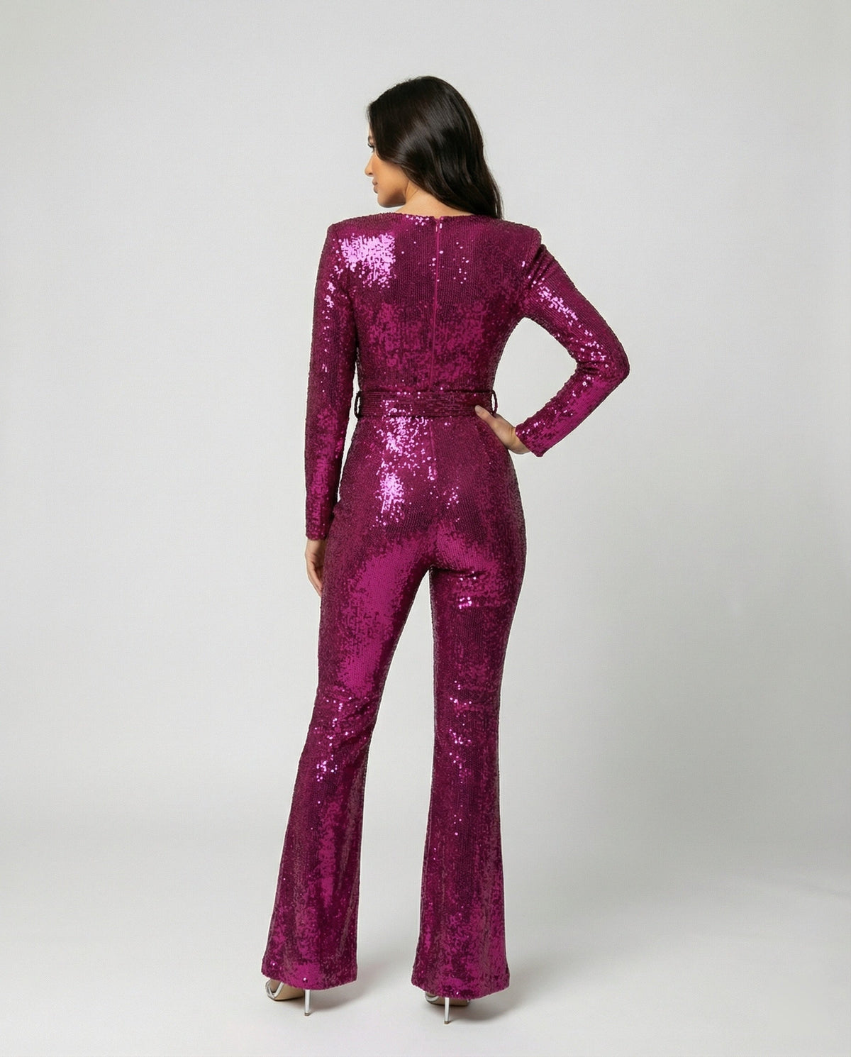 Langærmet paillet-jumpsuit til kvinder – Figursyet cocktail-jumpsuit
