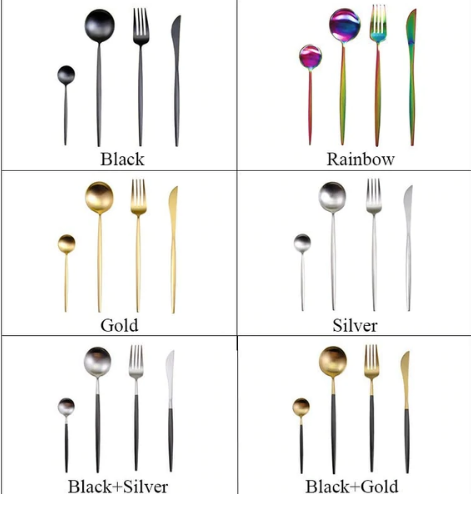 Seks sæt bestik i forskellige farver: sort, regnbue, guld, sølv, sort+sølv, sort+guld. Hver sæt inkluderer ske, gaffel og kniv.