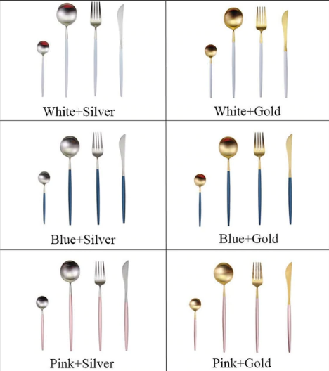 Seks sæt bestik i forskellige farvekombinationer: hvid/sølv, hvid/guld, blå/sølv, blå/guld, pink/sølv, pink/guld. Hver med ske, gaffel, kniv.
