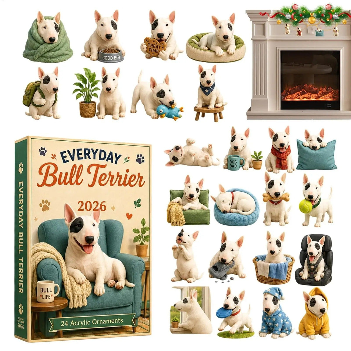 Calendar de Advent Bullterrier 2026, 24 de zile, figurină plată din acril în formă de câine, decorațiune de Crăciun pentru numărătoarea inversă, cadou pentru copii, familie și iubitorii de animale