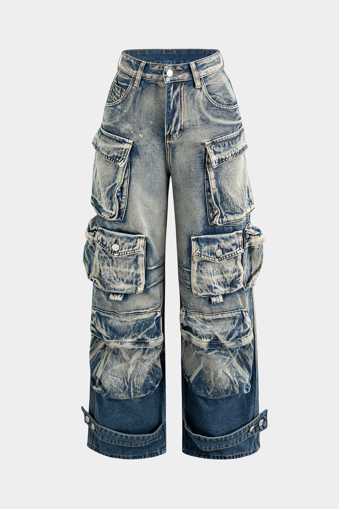 Bredde denim cargo bukser med flere lommer, vintage vask, og justerbare stropper. Trendy streetwear stil til både mænd og kvinder.