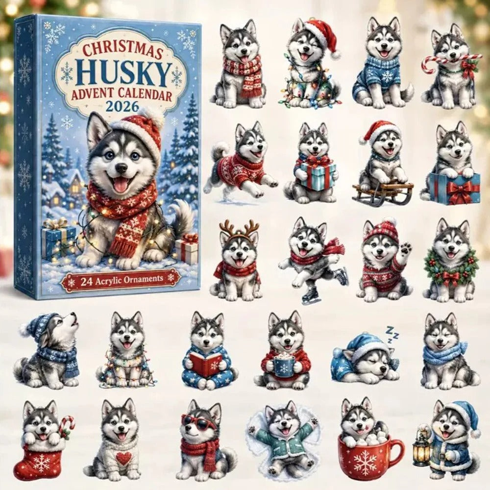 Calendario dell'Avvento natalizio 2026 per cani, conto alla rovescia di 24 giorni a tema husky per gli amanti dei cani