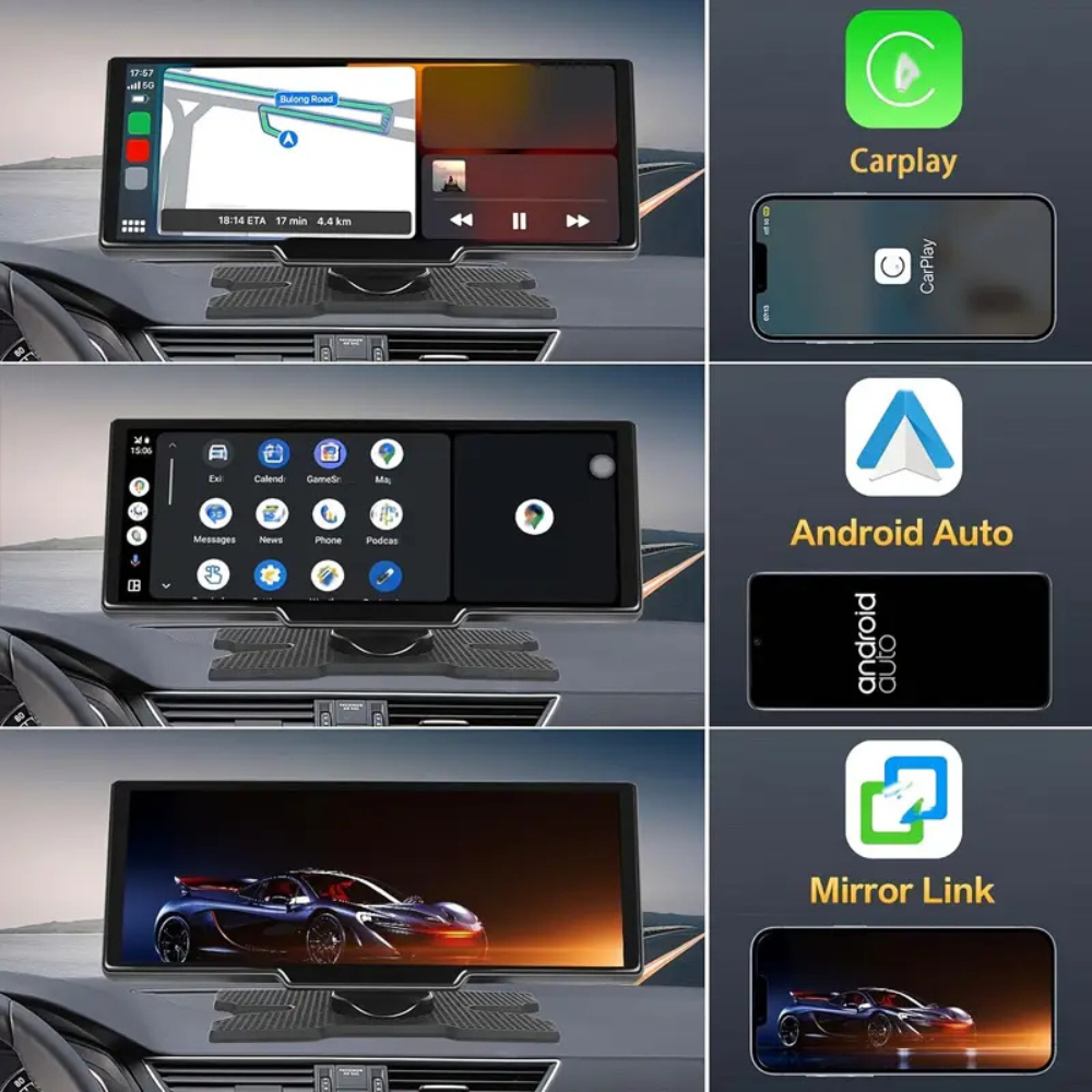 Trådløs CarPlay-skærm med indbygget 4K Dashcam & valgfrit bakkamera – 10,26" IPS-skærm