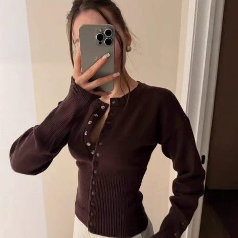 Cardigan de malha canelada | Camisola de malha cintada com fecho de botões | Cardigan macio de mangas compridas | Estilo casual para o dia a dia e para o escritório