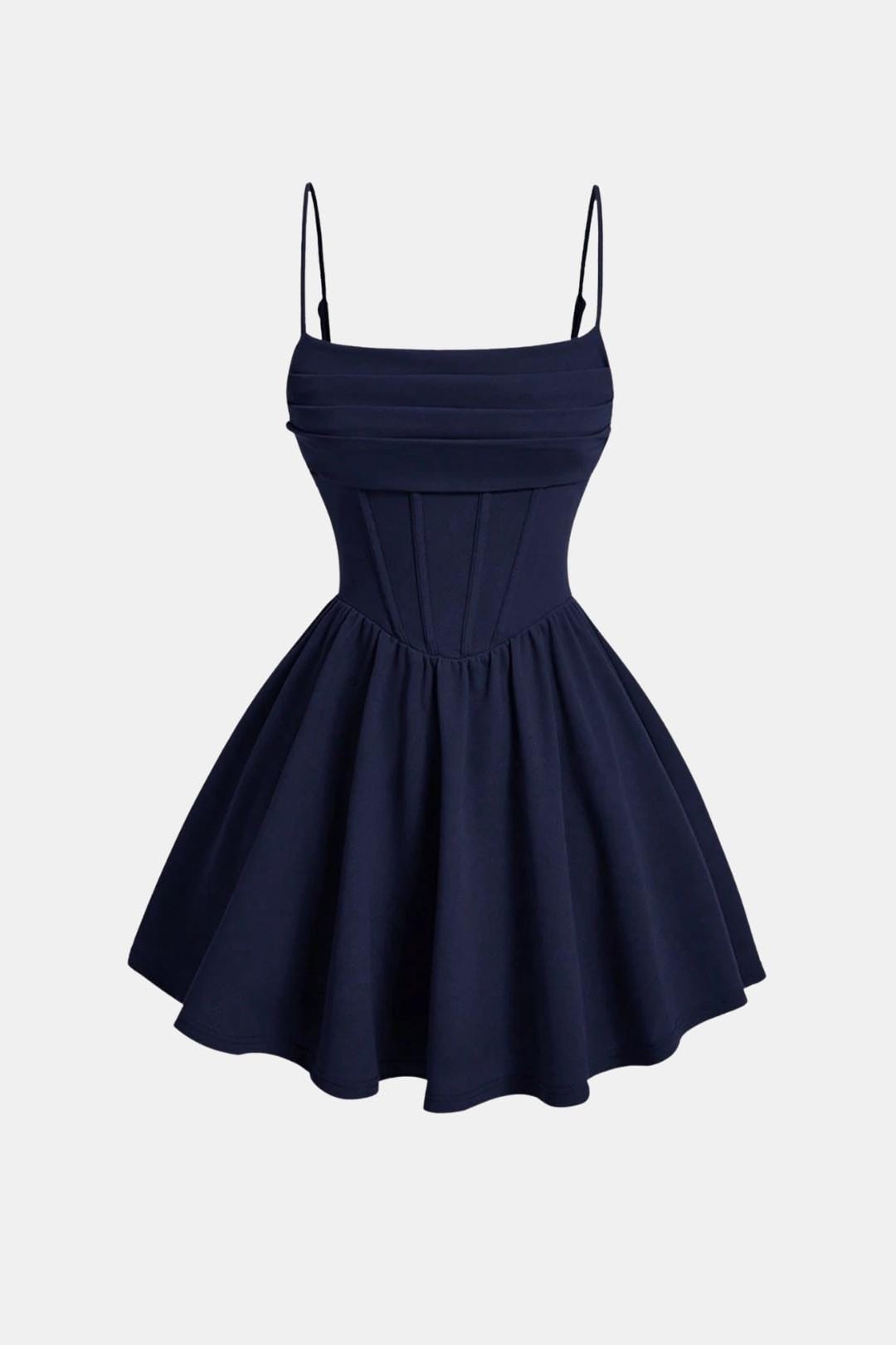 Abito da cocktail da donna mini con spalline sottili, effetto arricciato e pannelli tipo corsetto