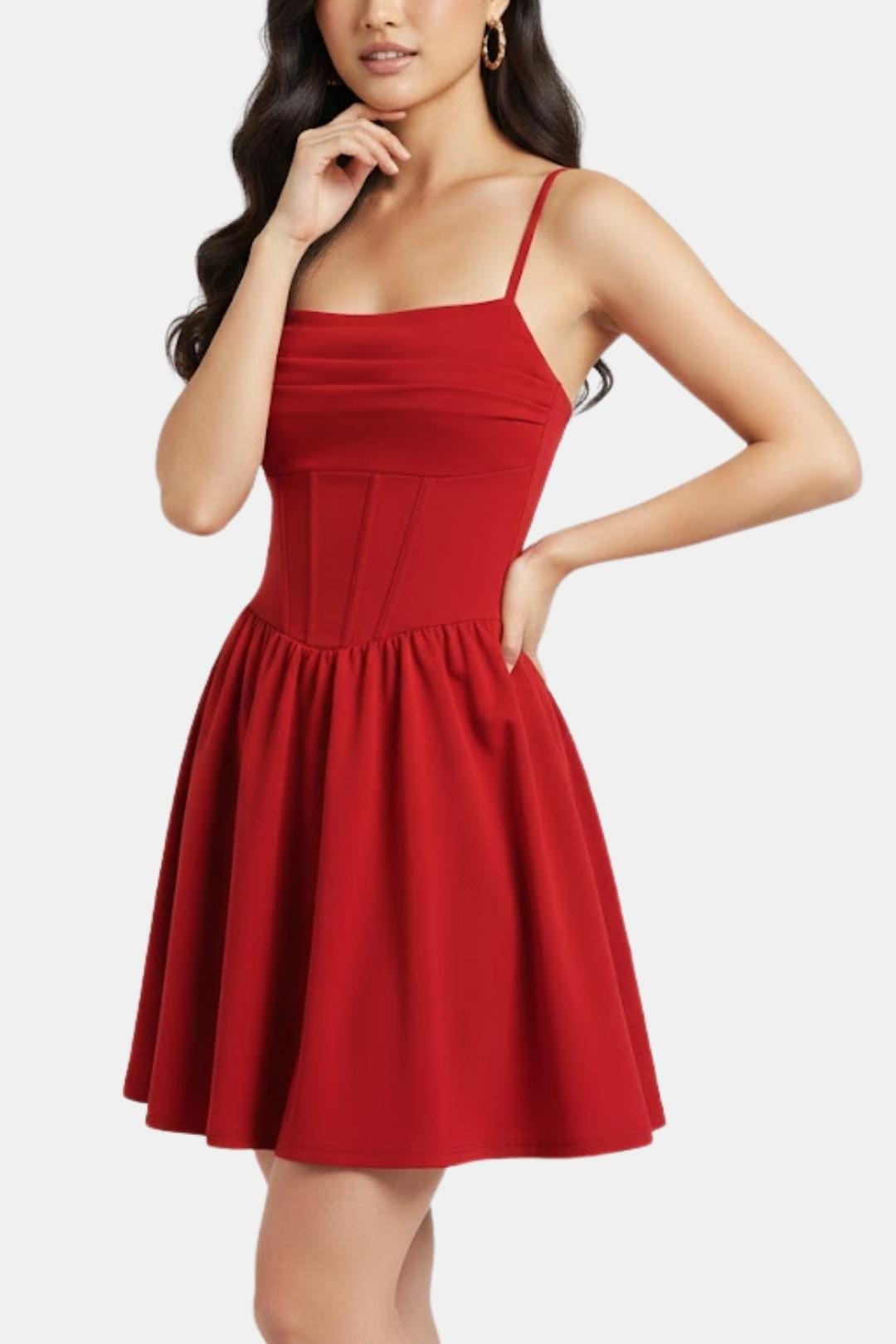 Abito da cocktail da donna mini con spalline sottili, effetto arricciato e pannelli tipo corsetto
