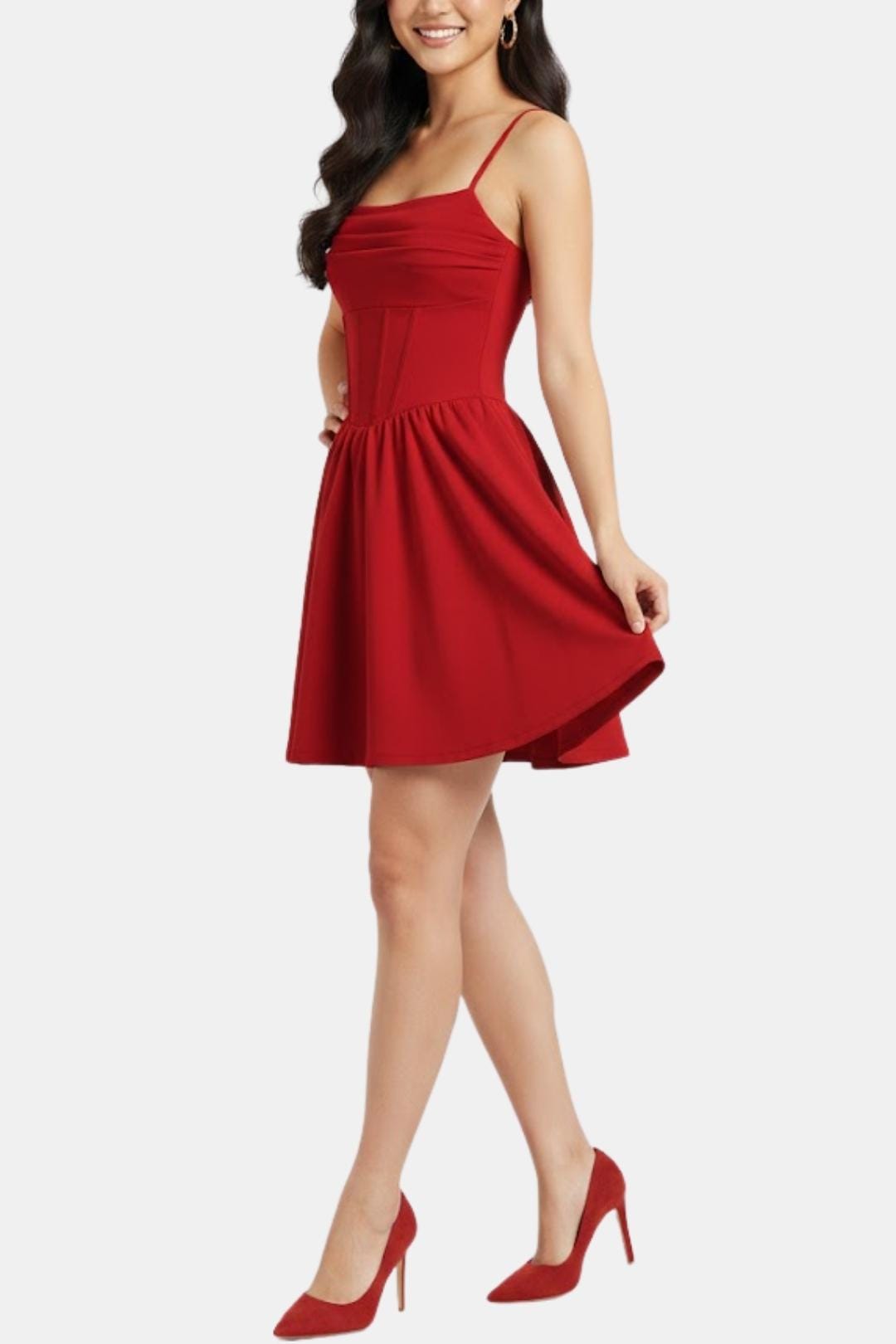 Abito da cocktail da donna mini con spalline sottili, effetto arricciato e pannelli tipo corsetto
