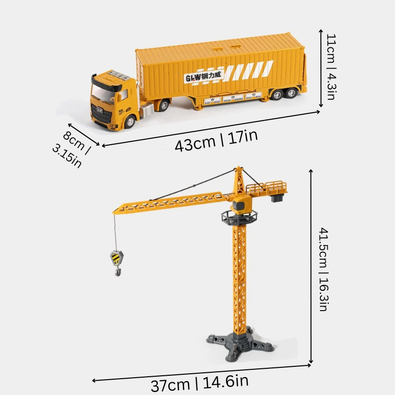 Gul legetøjslastbil med container og kran, mål: lastbil 43x8x11 cm, kran 37x41,5 cm. Perfekt til børn, robust konstruktion, realistisk design.