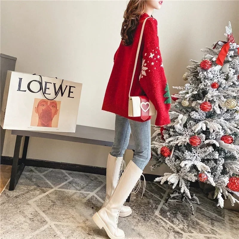 Suéter navideño para mujer – Jersey de punto de corte oversize con árboles rojos y copos de nieve