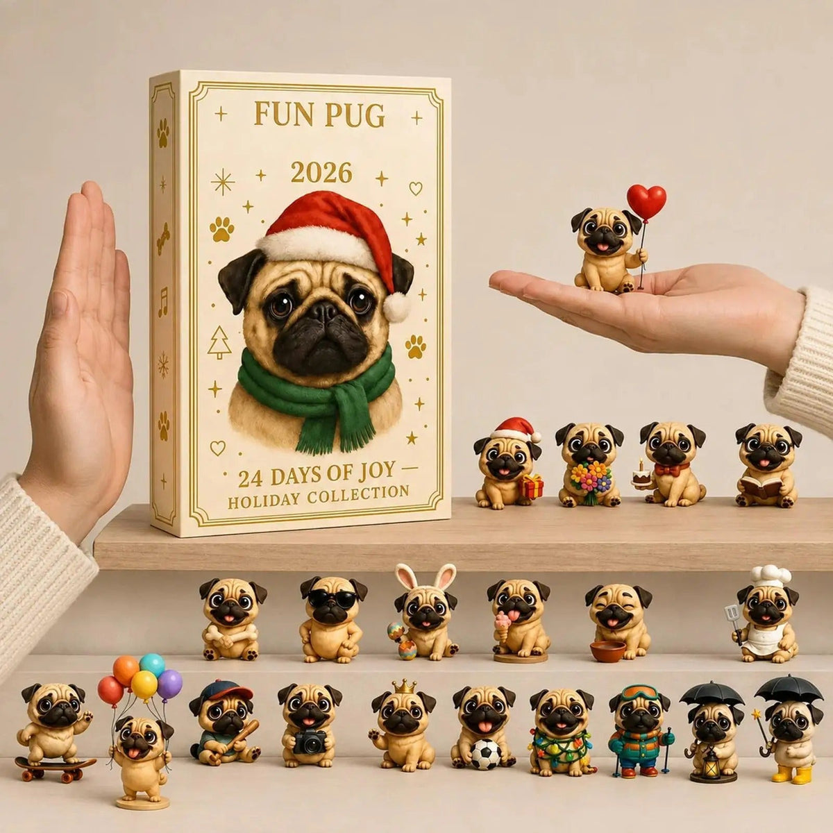 Calendario dell'Avvento natalizio con carlino 2026 – 24 giorni con mini-figurine di cani – Decorazioni e articoli per feste natalizie per calze della Befana, scrivania dell'ufficio o soggiorno