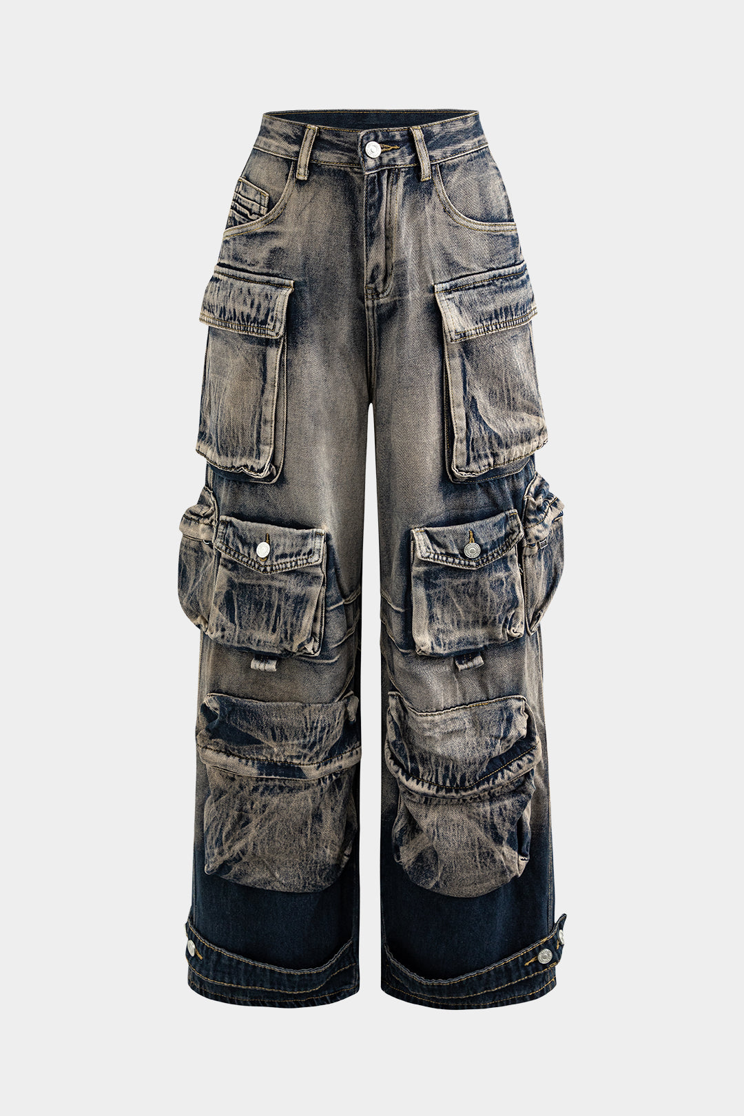Cargo jeans med mange lommer, vintage look, bred benform, unisex design, trendy mode, streetwear stil, slidte detaljer, grå denim.