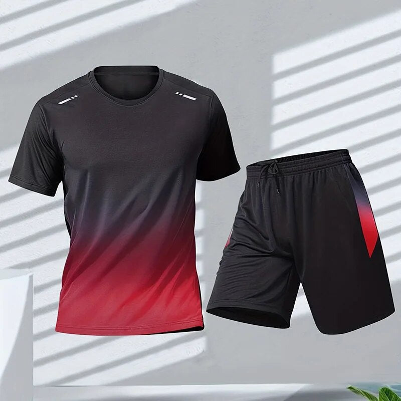 Sort og rød sportsdragt til mænd, bestående af en kortærmet T-shirt og shorts. Perfekt til fitness og løb. Moderne design med gradient.