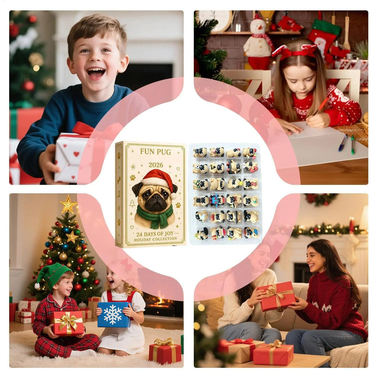 Calendario dell'Avvento natalizio con carlino 2026 – 24 giorni con mini-figurine di cani – Decorazioni e articoli per feste natalizie per calze della Befana, scrivania dell'ufficio o soggiorno