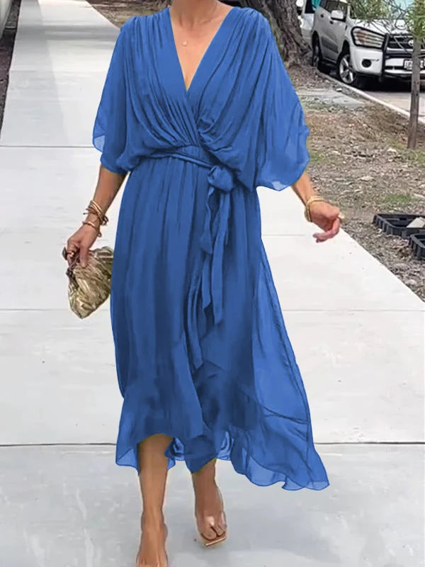 Elegáns sifon estélyi ruha - V-kivágással, rövid ujjakkal, lenge szabással (S–5XL)