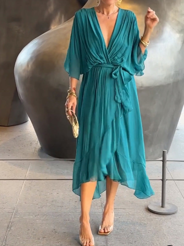 Elegáns sifon estélyi ruha - V-kivágással, rövid ujjakkal, lenge szabással (S–5XL)