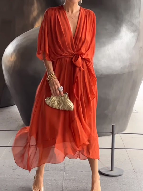 Elegáns sifon estélyi ruha - V-kivágással, rövid ujjakkal, lenge szabással (S–5XL)