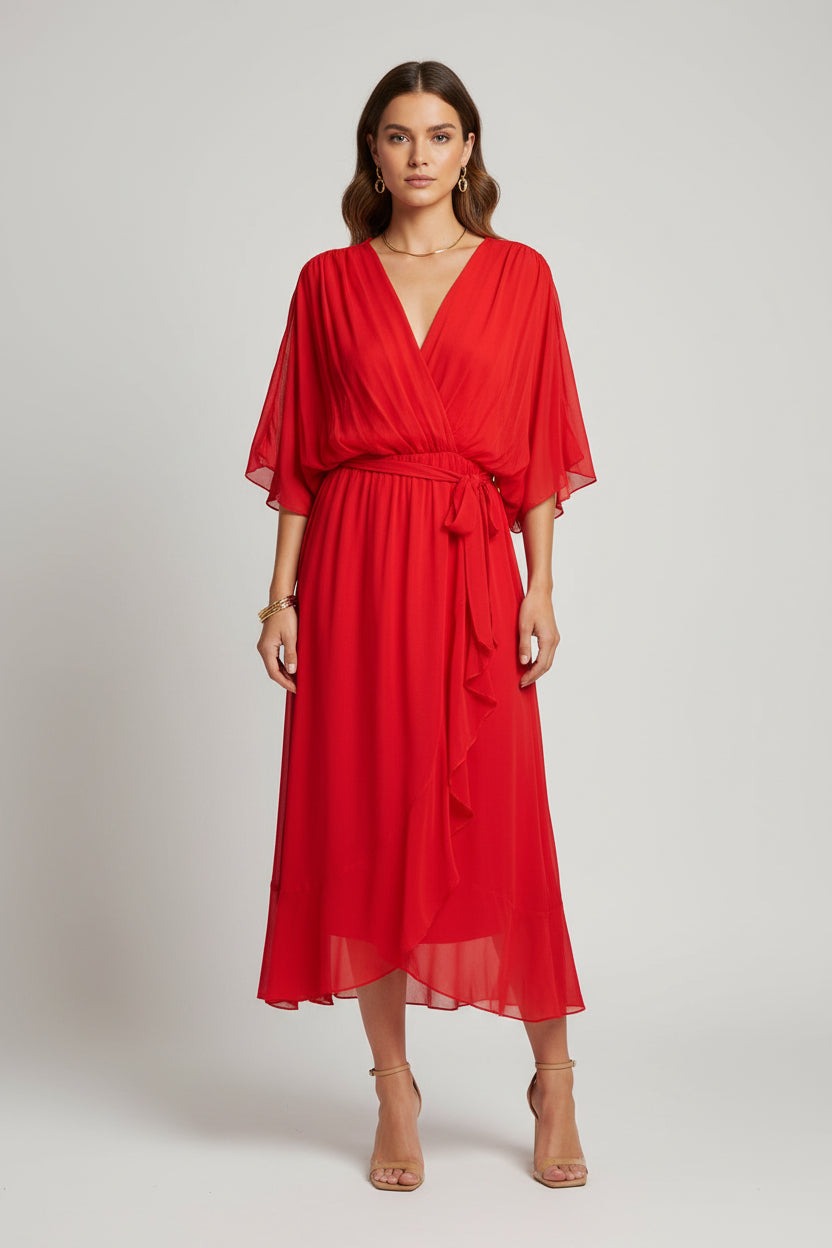 Elegáns sifon estélyi ruha - V-kivágással, rövid ujjakkal, lenge szabással (S–5XL)