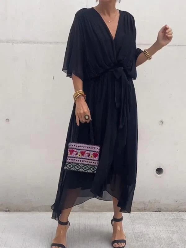 Elegáns sifon estélyi ruha - V-kivágással, rövid ujjakkal, lenge szabással (S–5XL)