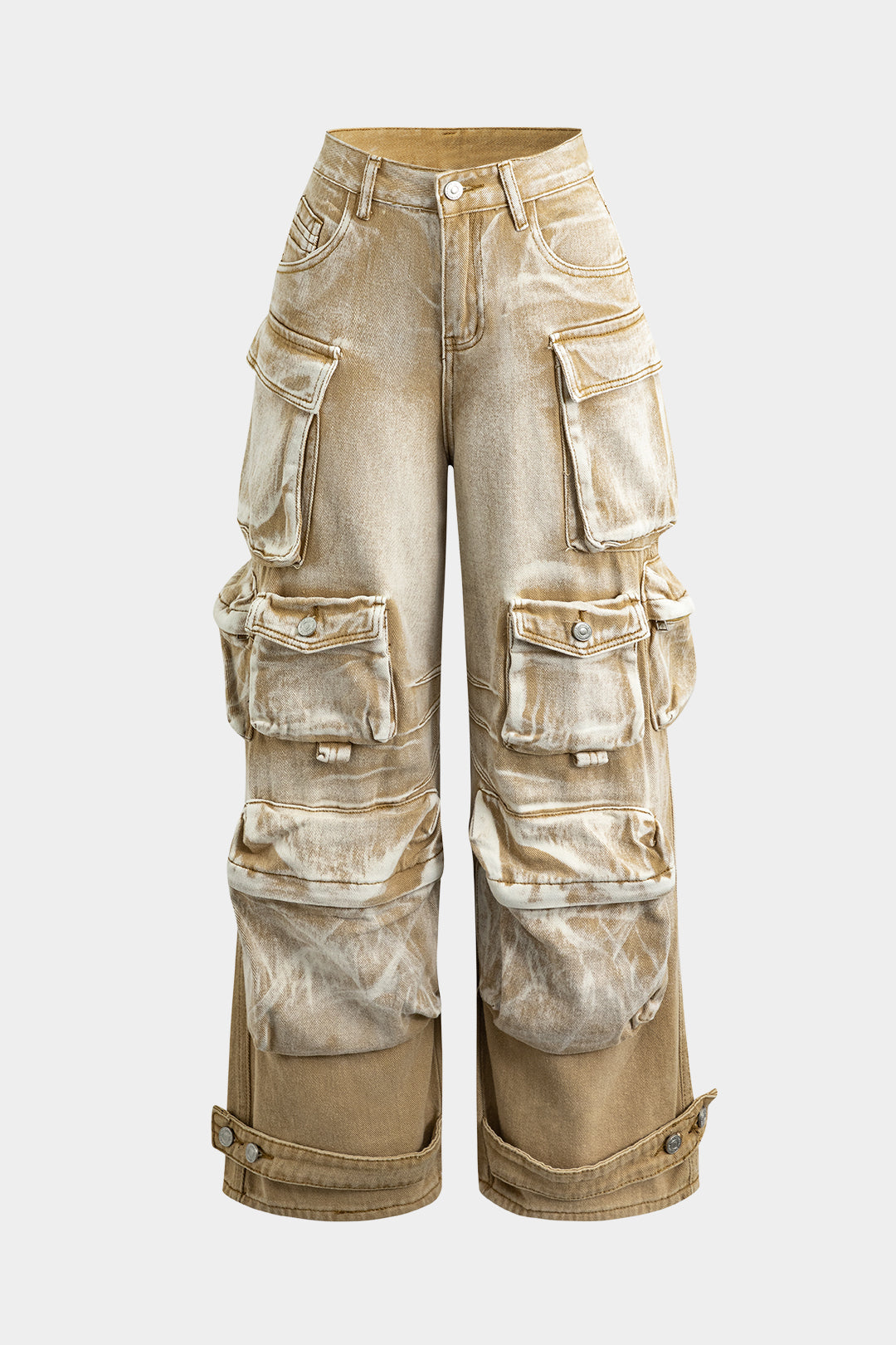 Beige cargo bukser med mange lommer, bredt ben og vintage look. Ideelle til streetwear og modeentusiaster. Trendy og funktionelle bukser.
