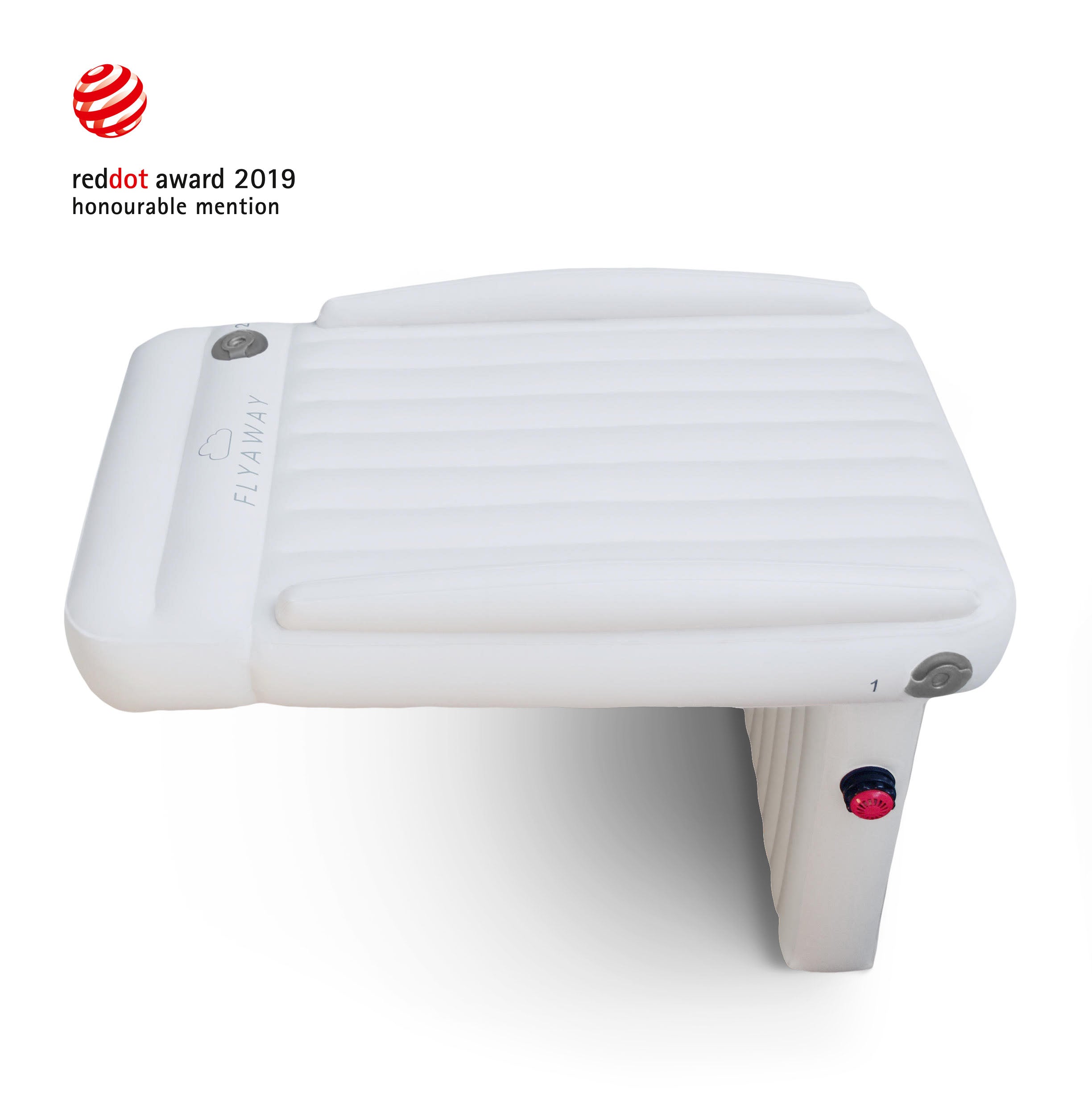 Oppustelig hvid flydeplatform med ribbet overflade, designet til vandsport. Red Dot Award 2019 hædrende omtale. Ideel til afslapning på vandet.