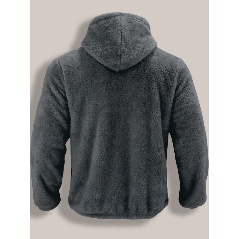 Grå fleecejakke med hætte, set bagfra. Blød og varm jakke til vinterbrug. Perfekt til udendørsaktiviteter og casual stil.