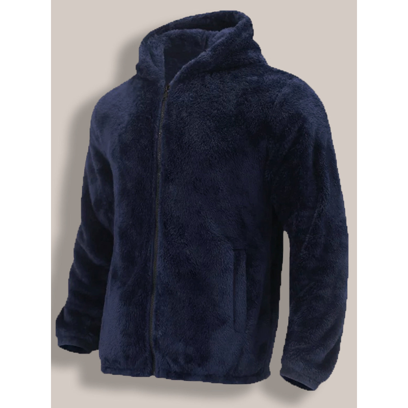 Mørkeblå plysjakke med hætte og lynlås, blød og varm, perfekt til vinter. Herrejakke i trendy design, ideel til koldt vejr og udendørs aktiviteter.