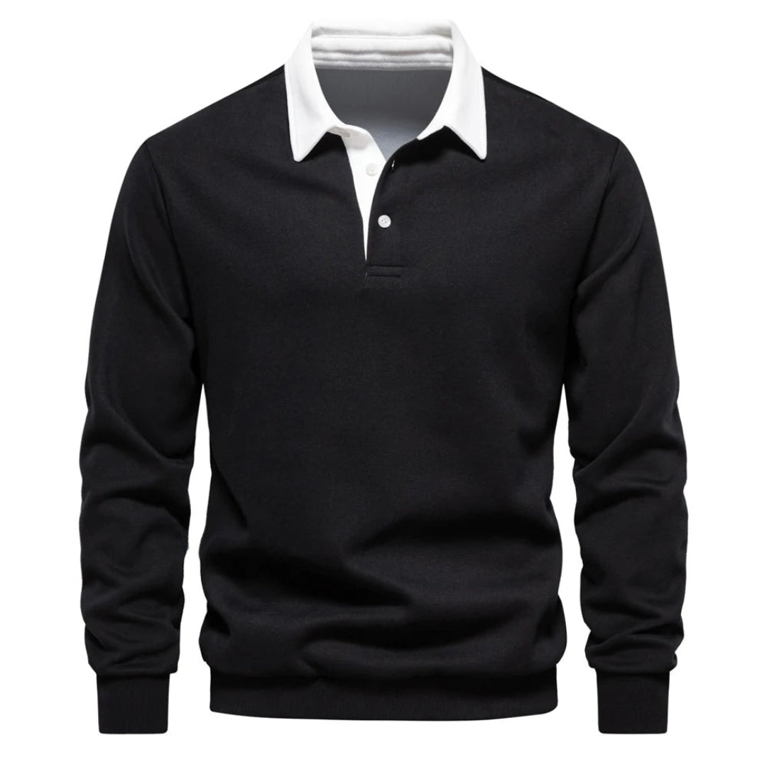 Sort langærmet polo trøje med hvid krave og knapper, herremode, klassisk design, stilfuld og alsidig til både casual og formelle lejligheder.
