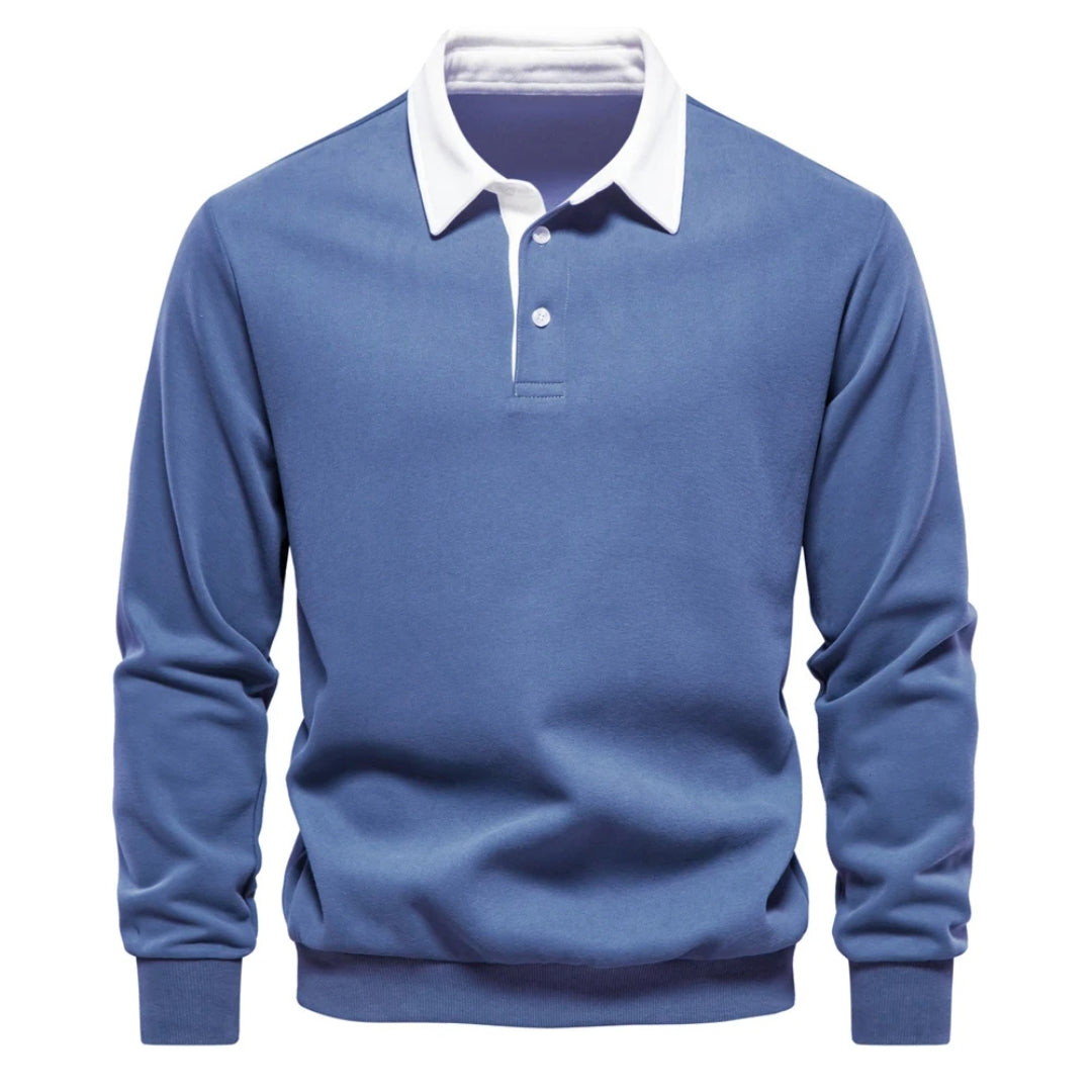 Blå poloshirt med lange ærmer og hvid krave, klassisk design, herremode, afslappet stil, bomuldsmateriale, perfekt til hverdagsbrug.